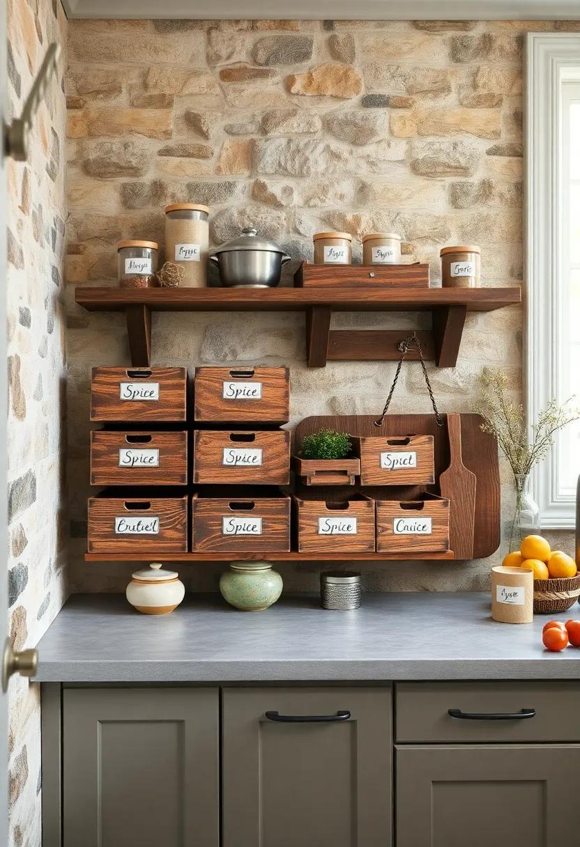 Reclaimed Wood Spice Storage Boxes with Handwritten Labels Neatly Arranged on a Stone Wall Backdrop