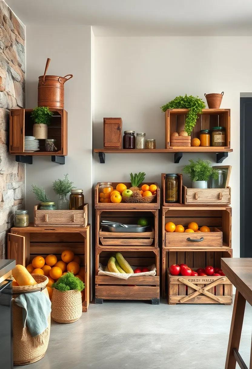 Repurposed Vintage Wooden Crates as Stackable Pantry Storage Filled with Homemade Preserves and Fresh Produce
