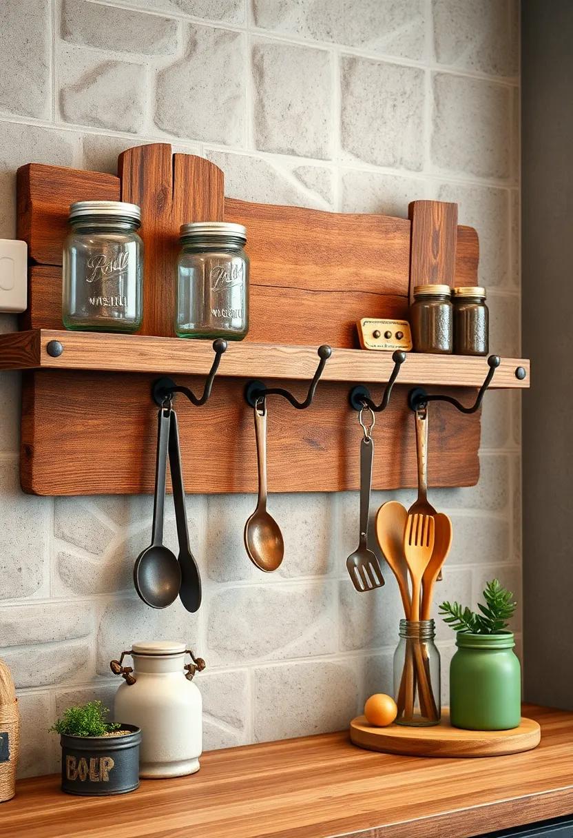Robust Iron Hooks on Reclaimed Wood Planks Holding Mason Jars and Copper Utensils for Functional Kitchen Decor