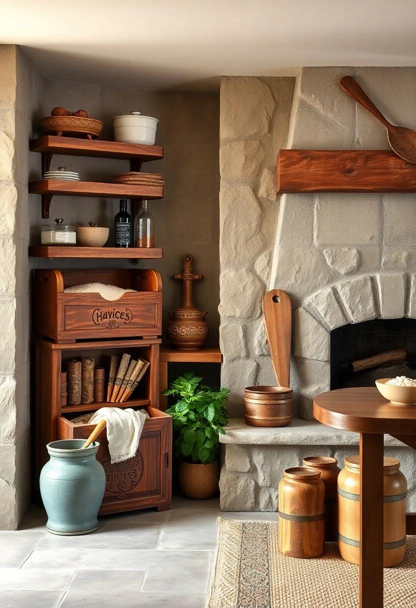 Rust-counted Wooden Boxes with Carved Detailing Storing Handmilled Flour and Organic Spices Near a Stone Hearth
