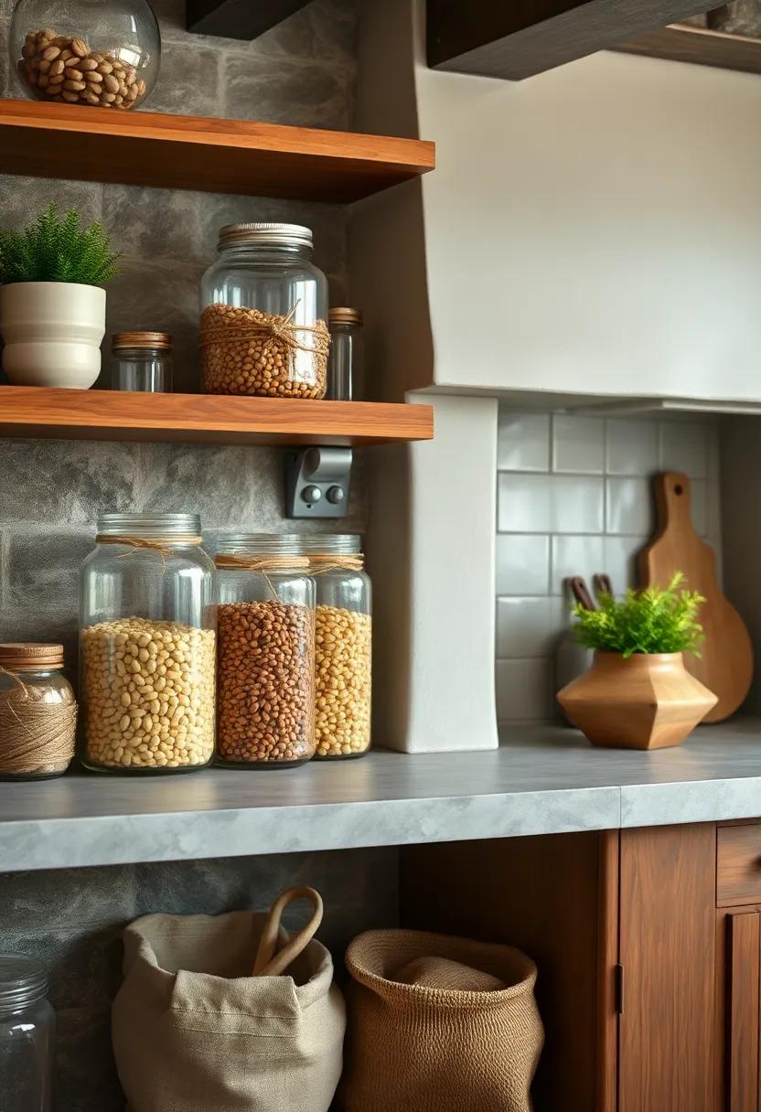 Rustic Glass Jars with Twine Accents Displaying Dried Beans and Grains on Open Shelves in a Warm Country Kitchen