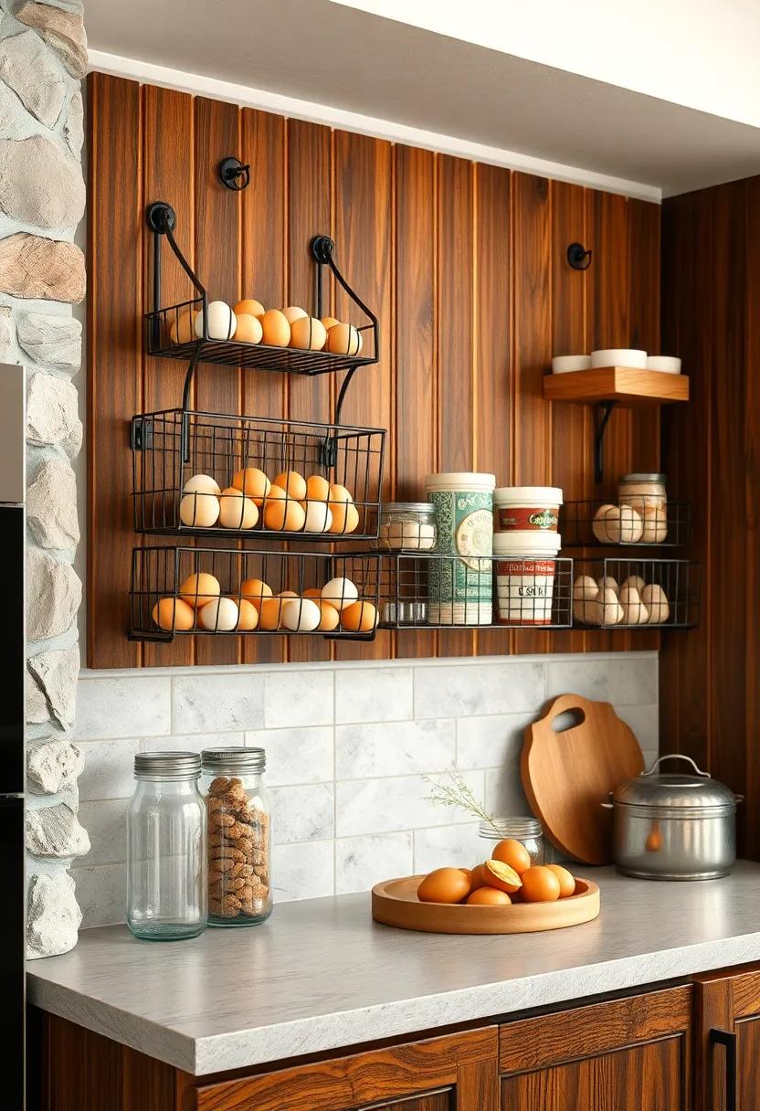 Rustic Industrial Style Wire Baskets Mounted on Rough-hewn Wooden Panels Holding Farm-fresh Eggs and Baking Supplies