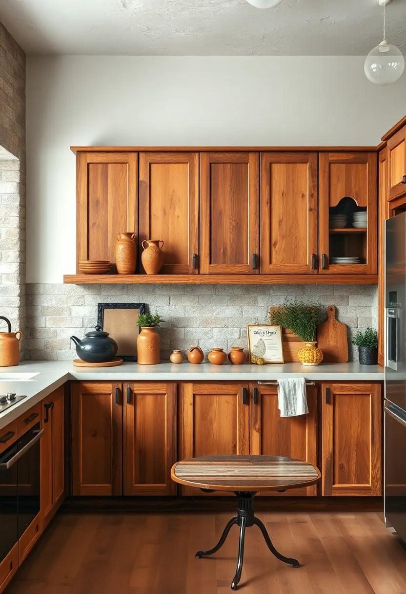 Rustically Finished Wooden Cabinets Complemented by Clay Pottery and Vintage Cookbooks for a Cozy Atmosphere