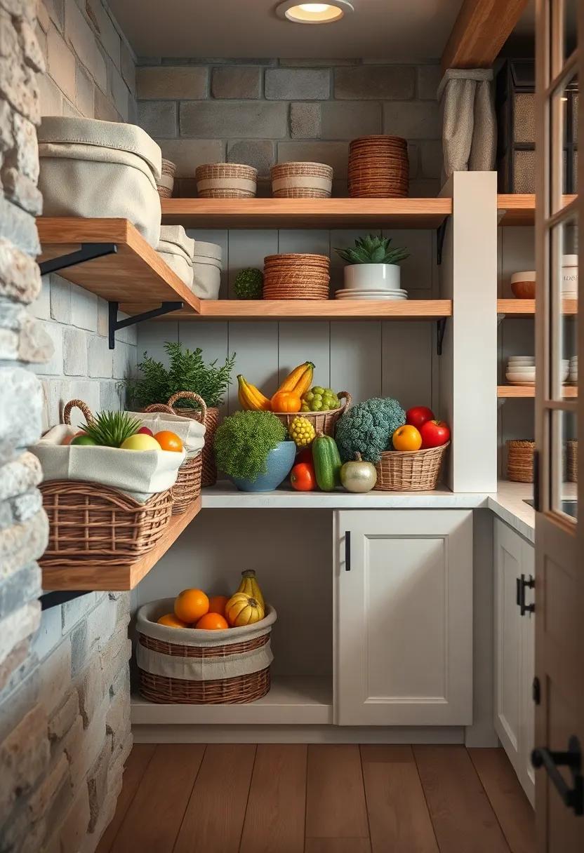 Soft Cotton and Burlap Liners on Thick Wooden Shelf Baskets Brimming with Locally Grown Produce in a Rustic Pantry