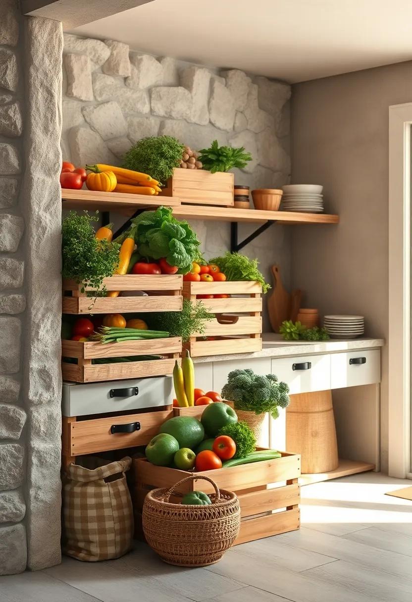 Softly Lit Rustic Pantry Corner Featuring Stacked Wooden Boxes Filled with Freshly Picked Garden Vegetables