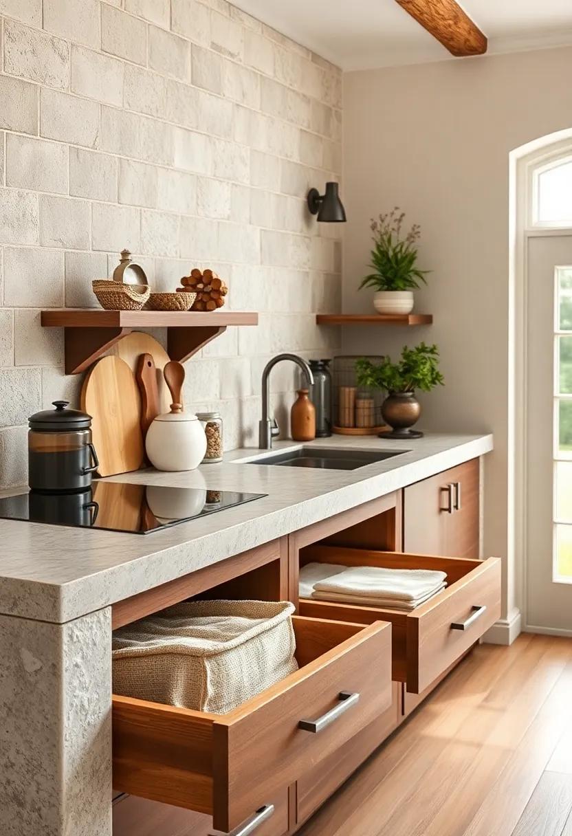 Textured Stone Countertops Paired with Wooden Drawer Organizers Lined with Rustic Linen for Elegant Storage