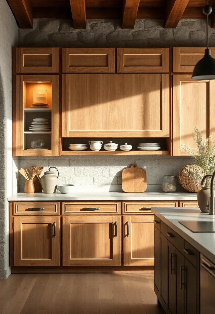 Warm Distressed Cabinetry with Glass Insets Showcasing Handcrafted Pottery and Rustic Linens in Natural Light