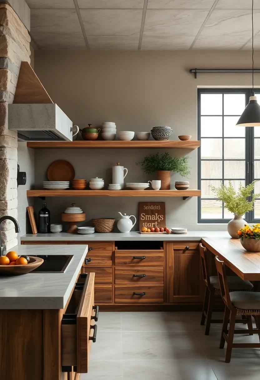 Weathered Wooden Drawers with Iron Pulls Organizing Hand-thrown Ceramics and Seasonal Tableware Displays