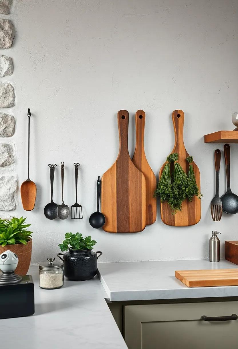 Weathered Wooden Cutting Boards Hung Against Rough Plaster Walls Alongside Iron Kitchen Tools and Herb Bundles