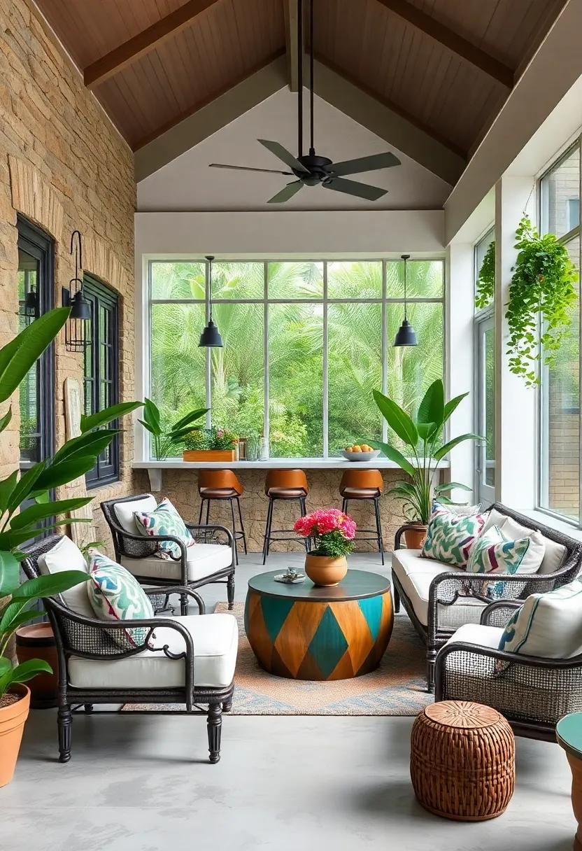Elevant Tropical Hues and Lush Greenery That Breathe Life into Your Screened Porch Bar Setting