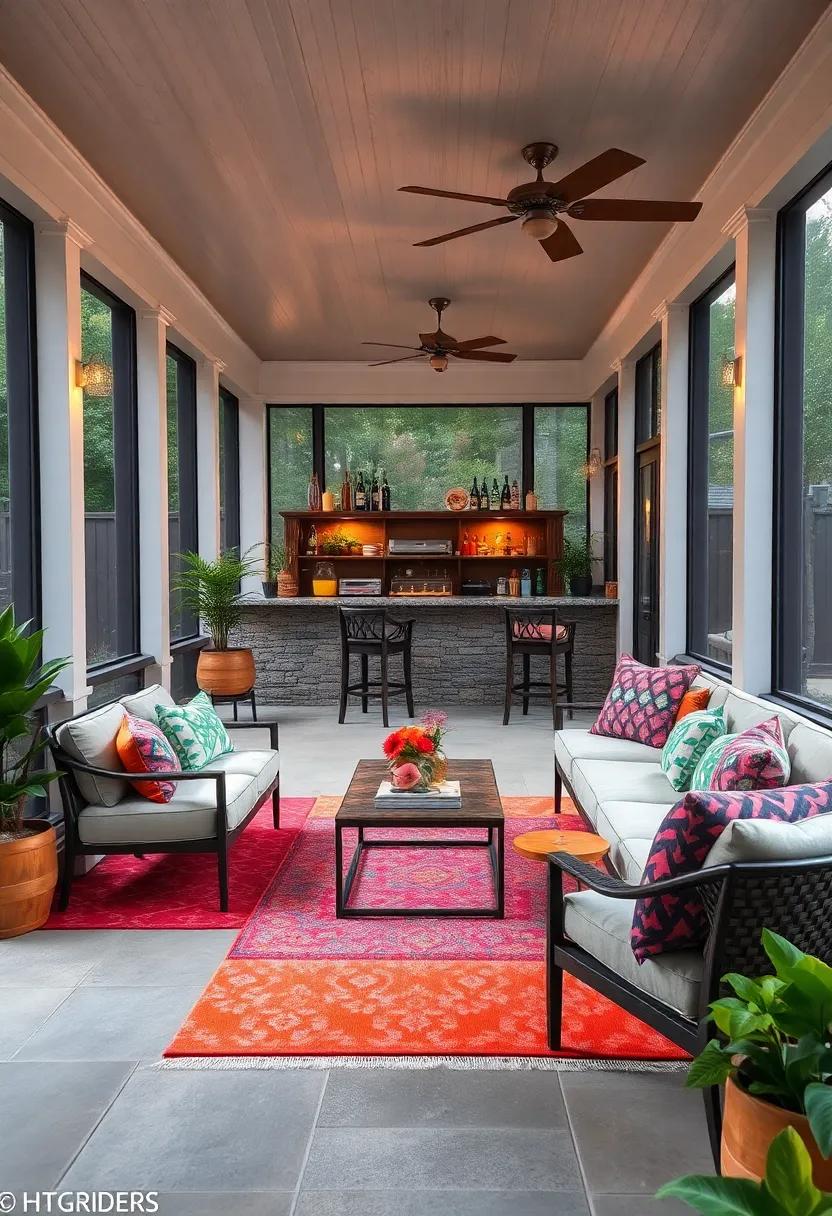 Vibrant Outdoor Rugs Layered to Define and Warm the Sitting Zone Around the Bar