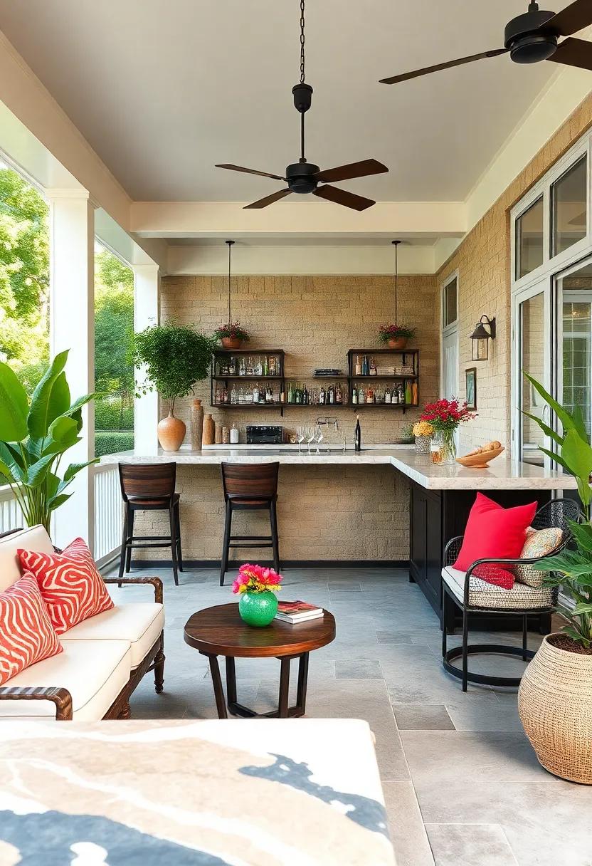 Mixed Material Bar Tops Incorporating Natural Stone, Resin, and Vivid Paint Effects