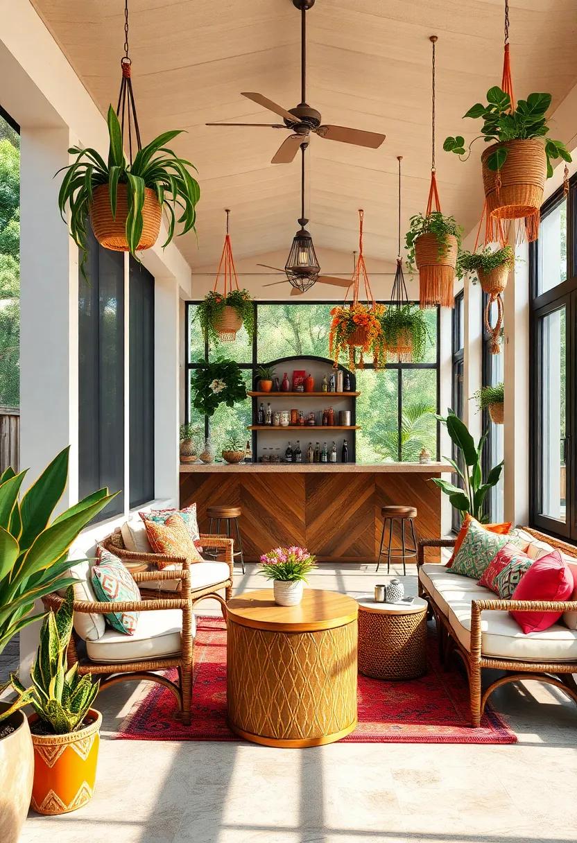 Hanging Plants and Colorful Macrame Detailing Enveloping the Bar Area in Bohemian Charm