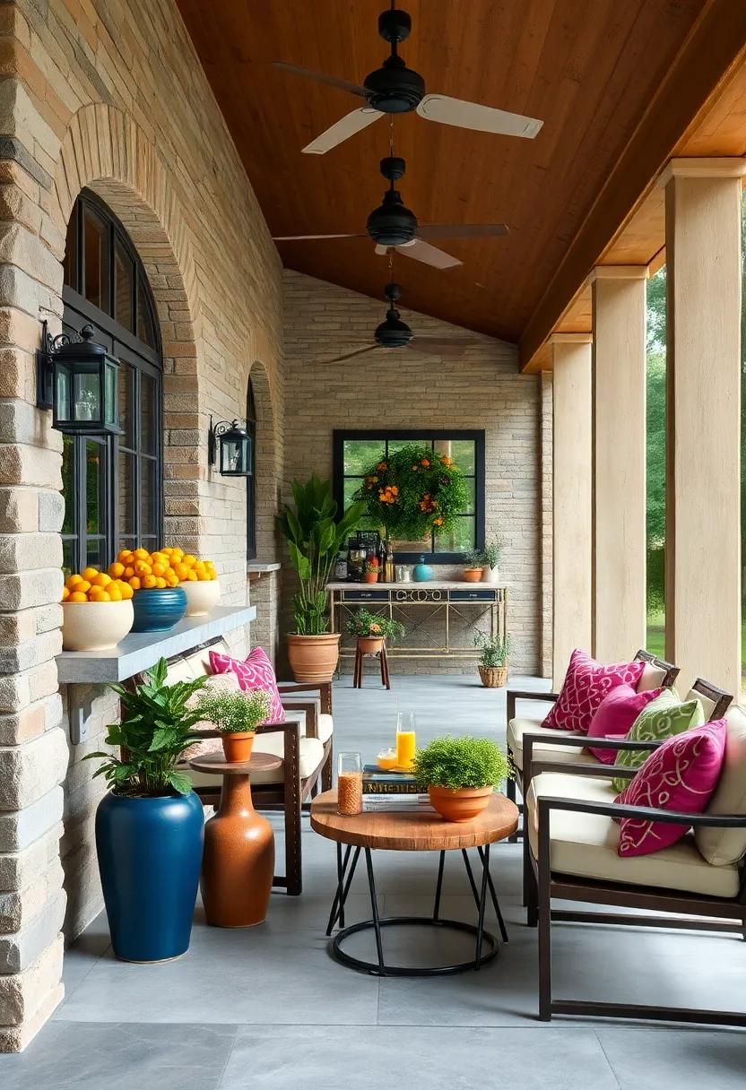 Color Pop Bar Stools and Matching Countertops Making a Statement Under the Porch Roof