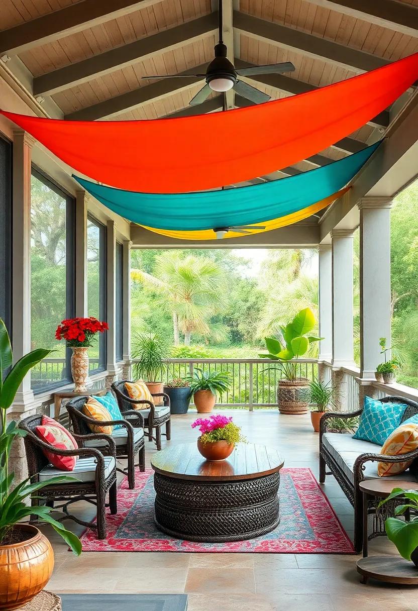 Vivid Fabric Canopies and Curtains Bringing Tropical Inspiration and Shade to the Porch