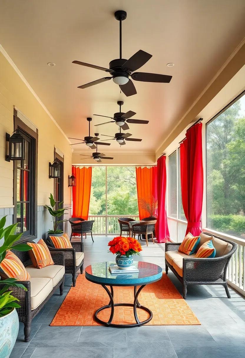 Color-Blocked Ceiling Fans and Drapes Enhancing the Vertical Space with Dynamic Hues
