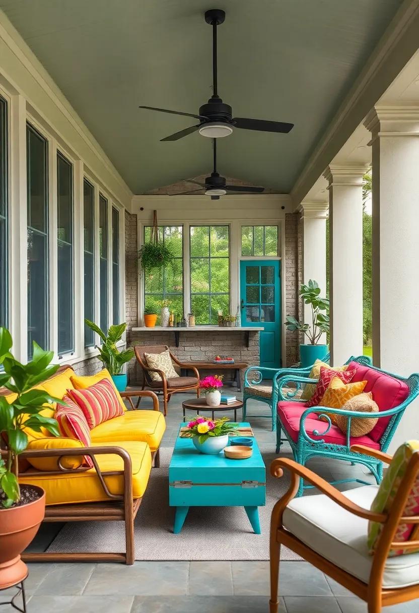 Eclectic Mix of Vintage and Modern Furniture in Eye-Catching Colors for a Unique Porch Vibe