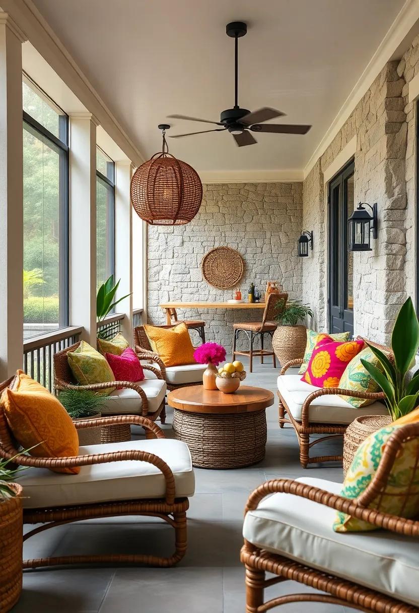 Hand-Woven Baskets and Colorful Throw Pillows Blending Texture with Artistic Flair