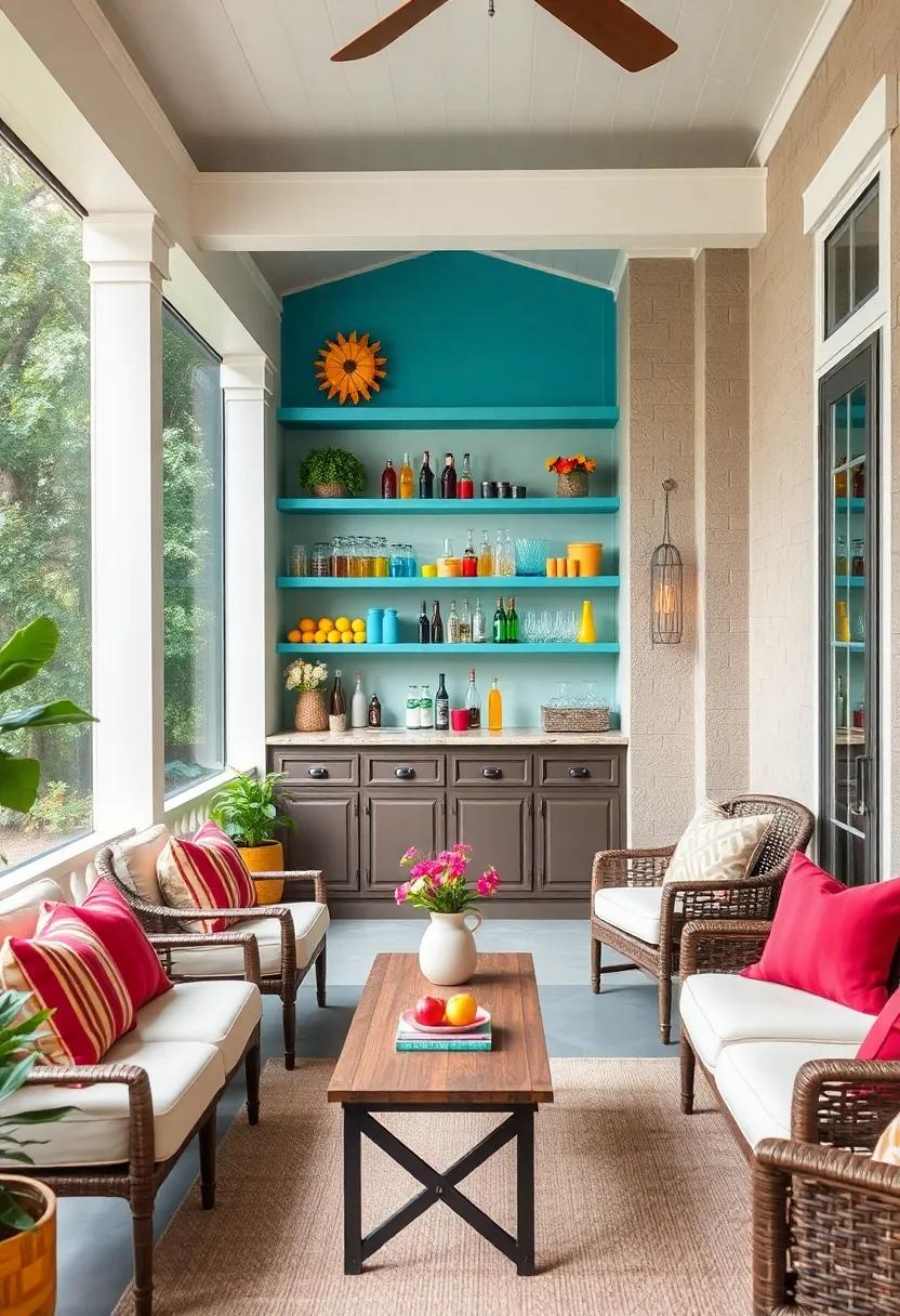 Brightly Painted Bar Shelves Organized with Color-Coded Drinkware and Accessories
