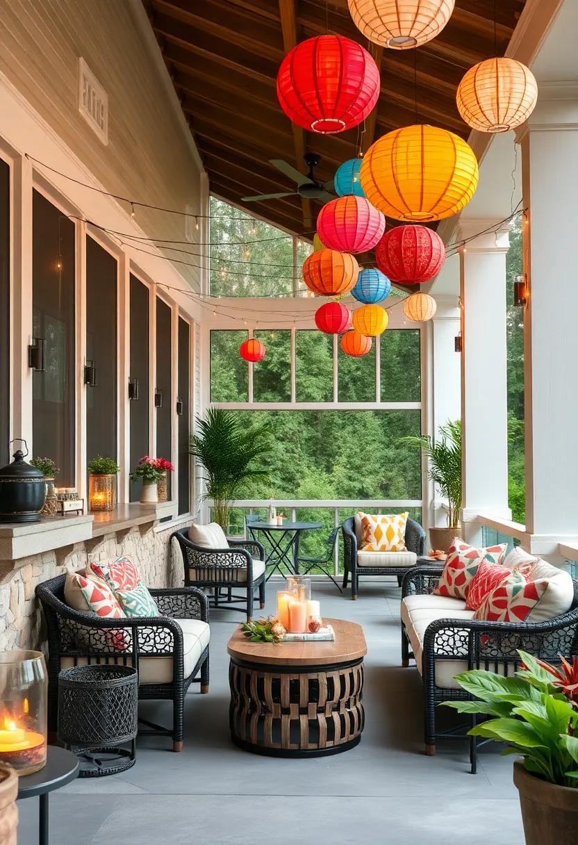 Festive String Lights Interwoven with Colorful Paper Lanterns Creating a Magical Ambiance