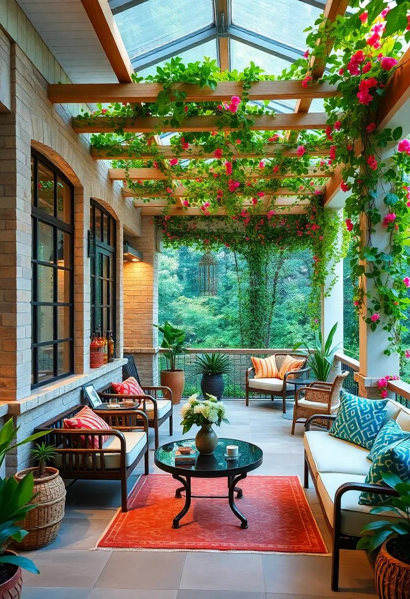 Colorful Pergola Vines Wrapping Around Architectural Features to Create a Lush Canopy