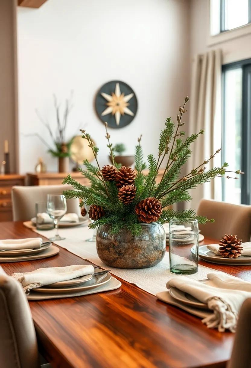 Cozy Cabin Inspired Setting Featuring Pinecones, Evergreen Sprigs, and Earthy Browns for Warmth