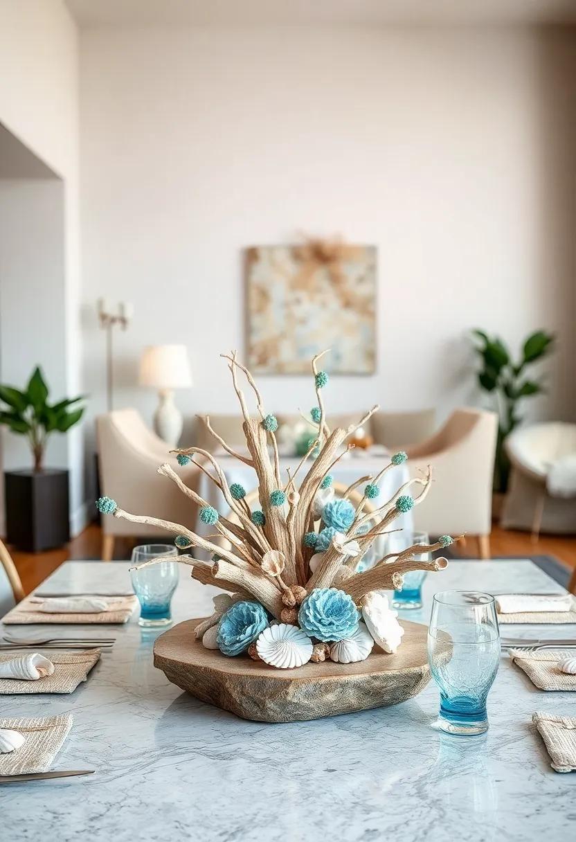 Elegant Coastal Centerpiece Featuring Driftwood, Seashells, and Ocean Blues for a Breezy Feel