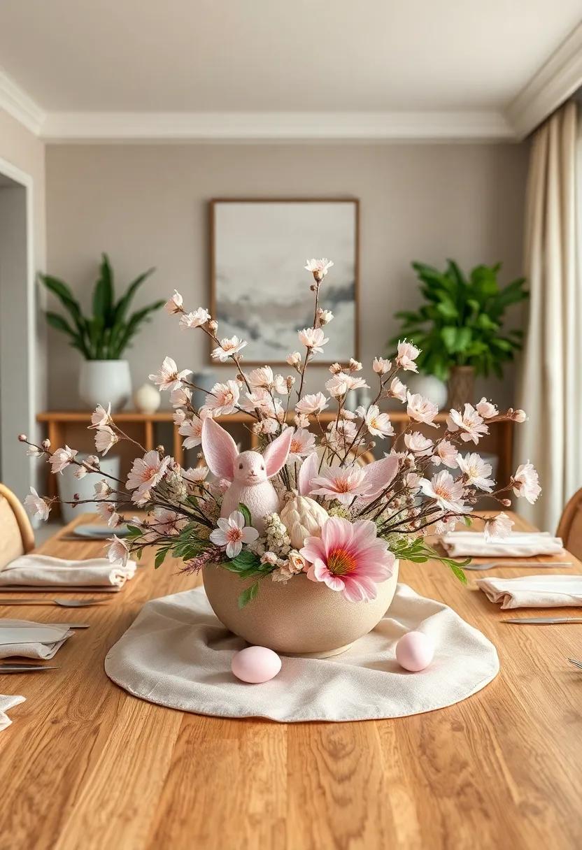 Soft Pastel Easter Table Centerpiece Featuring Delicate Blossoms, Decorative Eggs, and Gentle Hues