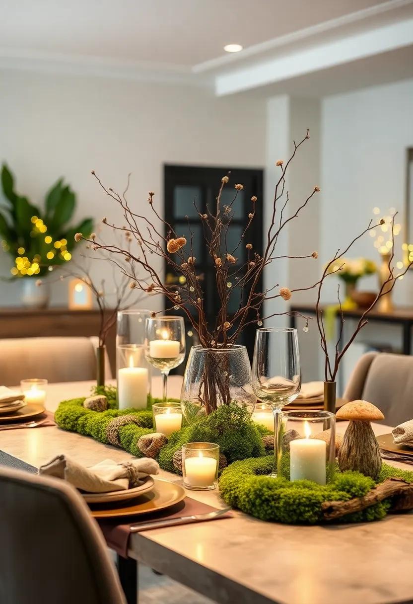 Woodland Fantasy Decor Featuring Moss, Twigs, Mushrooms, and Soft Fairy Lights for a Magical Touch