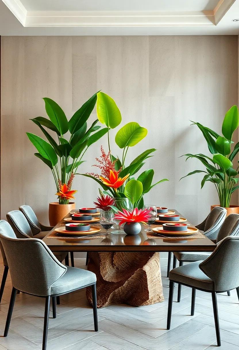Bold Tropical Vibe With Exotic Plants, Bright Colors, and Lush Foliage Creating a Fresh Dining Atmosphere