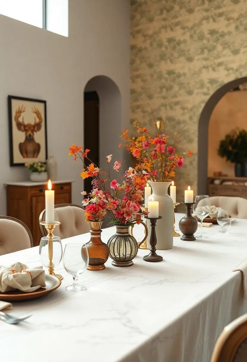 Vintage Charm Displaying Antique Vases, Lace Fabrics, and Soft Candlelight for Intimate Dinners