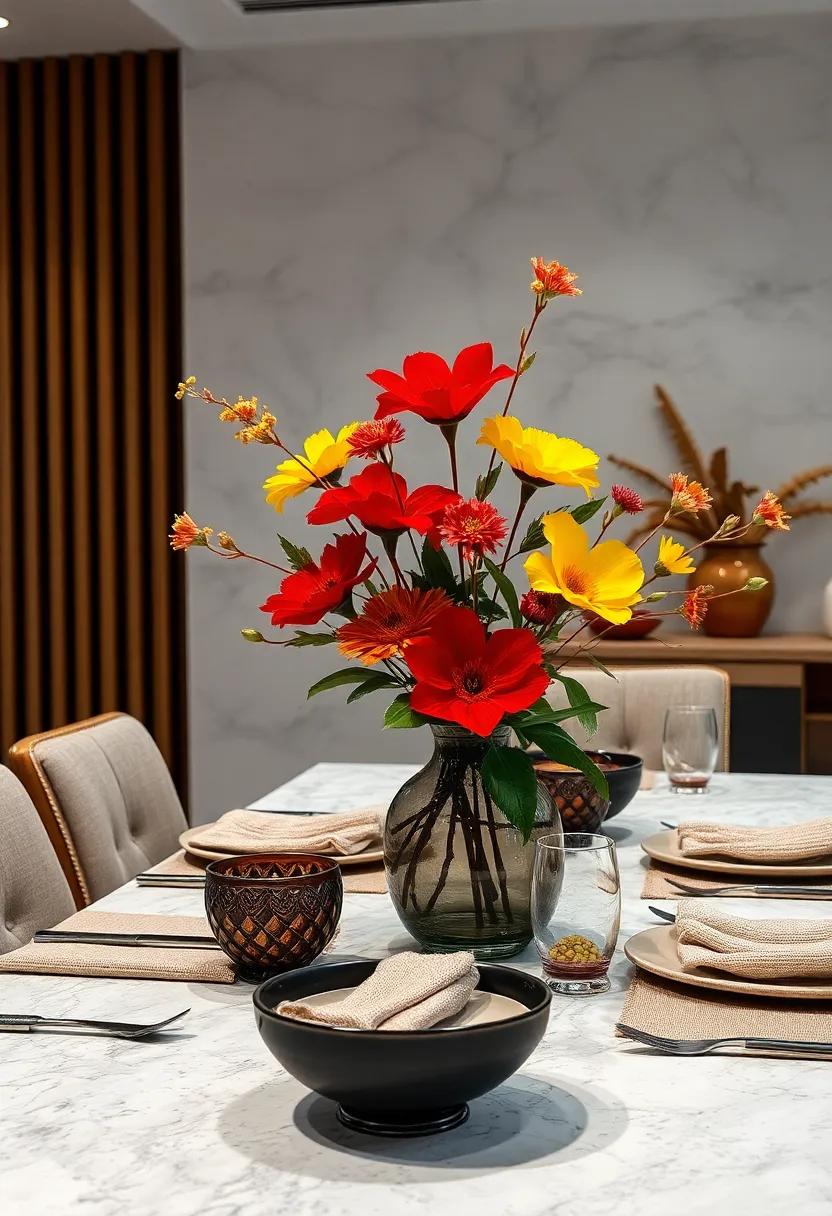 Fiery Fiesta Theme with Bold Red and Yellow Blooms, Vibrant Textures, and Festive Elements