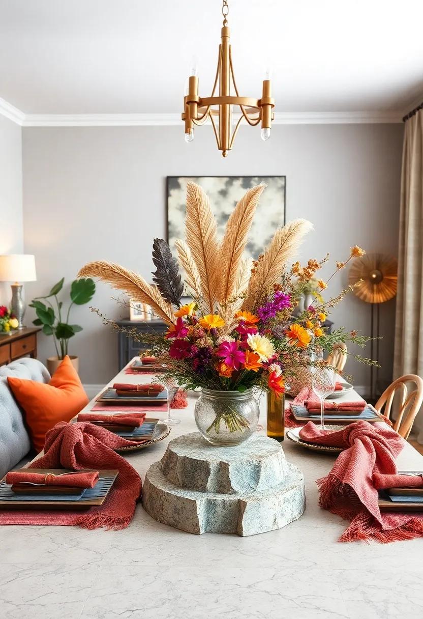 Bohemian Chic Centerpiece With Feathers, Bright Dried Flowers, and Eclectic Textiles for a Free-Spirited Vibe