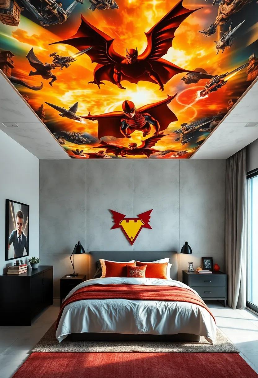 Vivid Ceiling Art Depicting Epic Battles Above for an Immersive and Dramatic Bedroom Environment