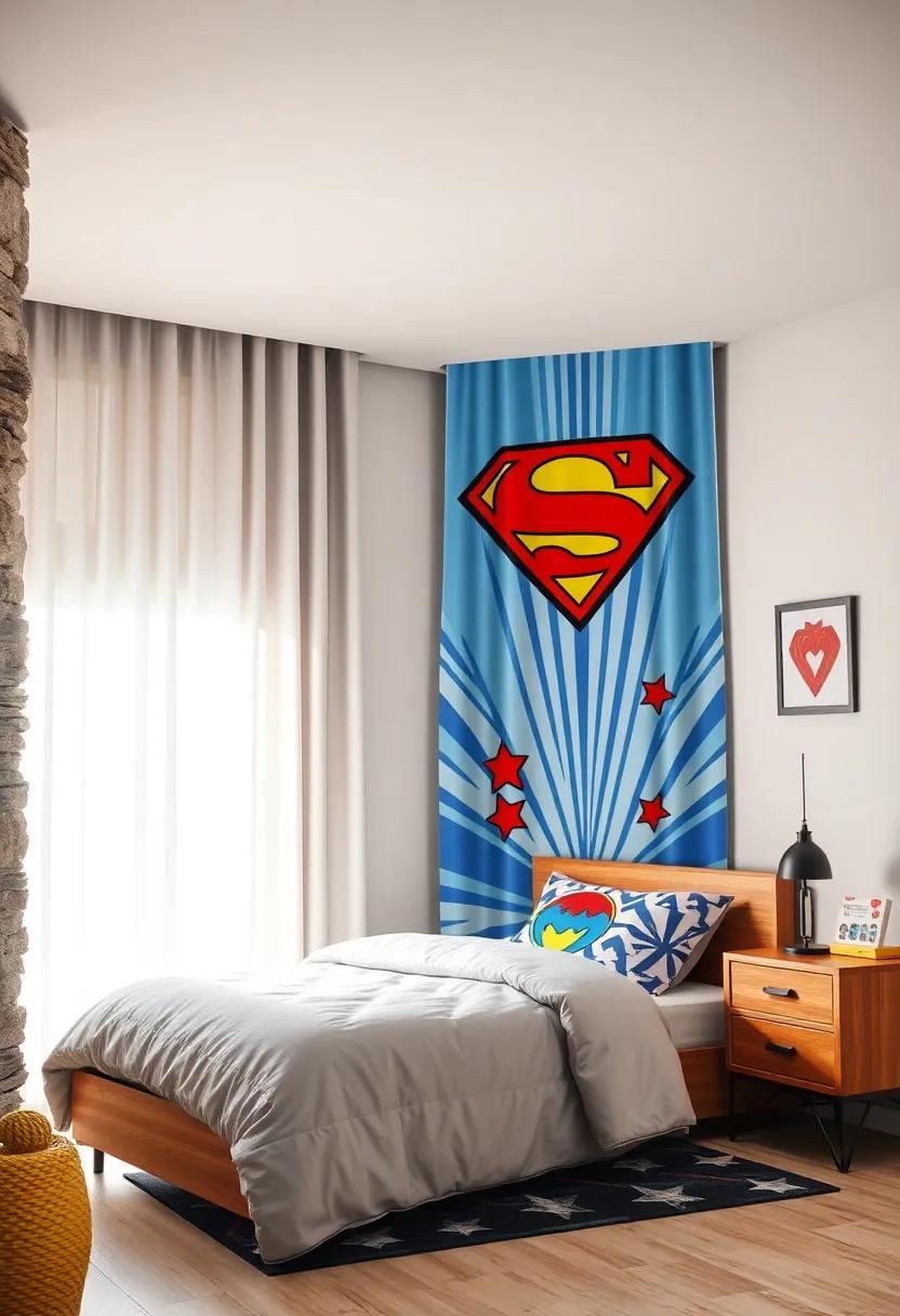 Bright and Bold Curtains with Hero Emblems Amid Striking Geometric Patterns for Dynamic Light Play