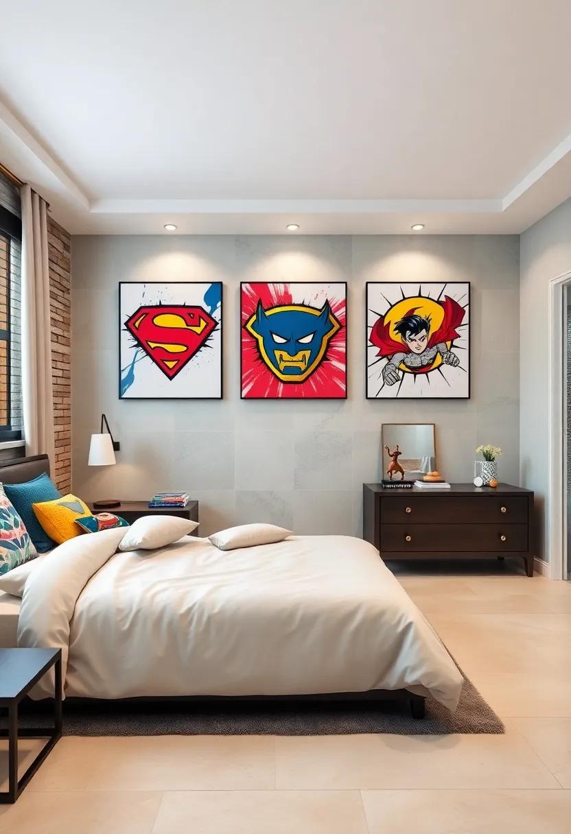 Collaborative Wall Art Projects Displaying Favorite Heroes' Logos and Poses with Bold Brushstrokes and Colors