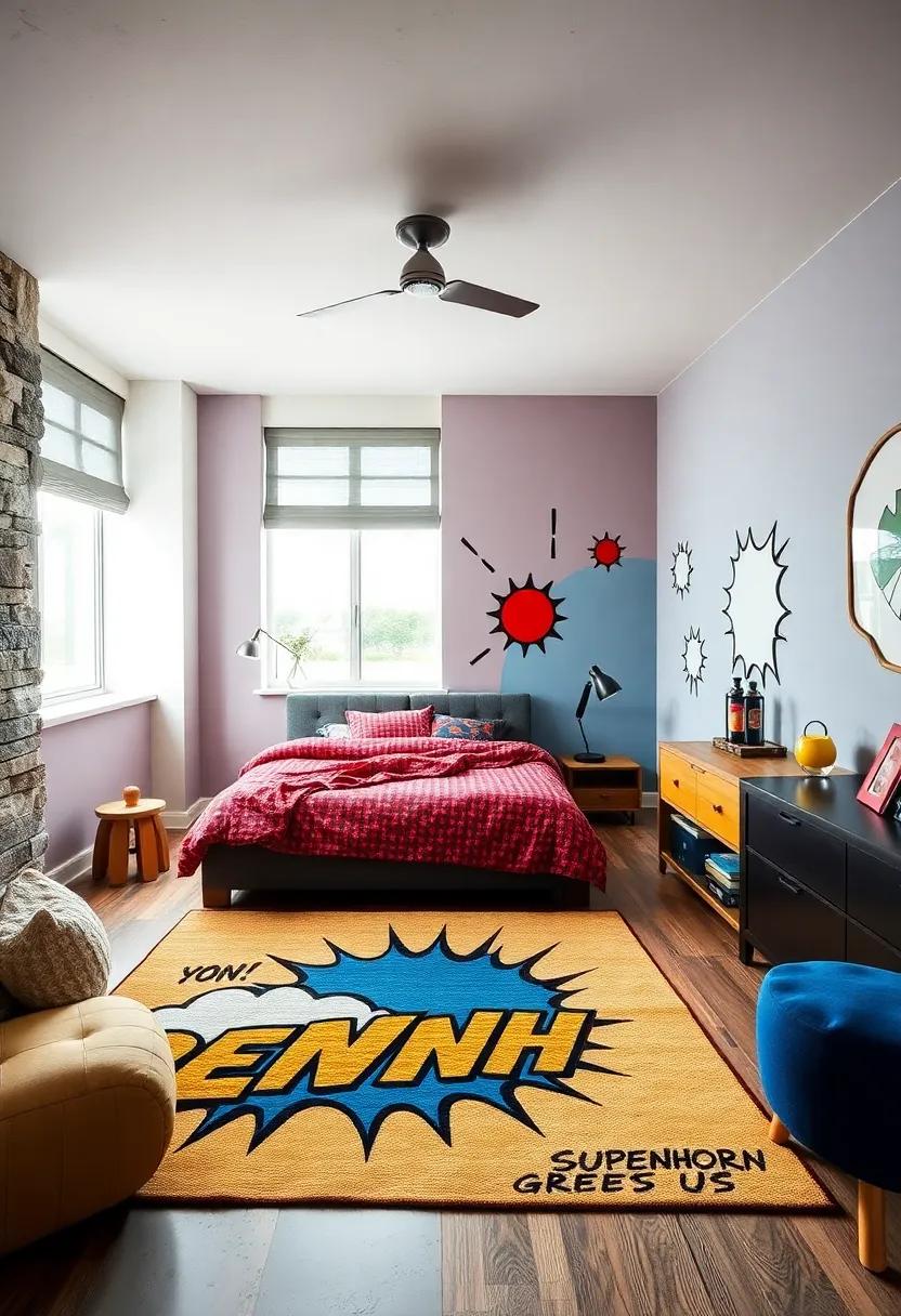Vibrant Area Rugs Depicting Comic Book Sound Effects and Heroic Motifs to Ground the Room's Energy