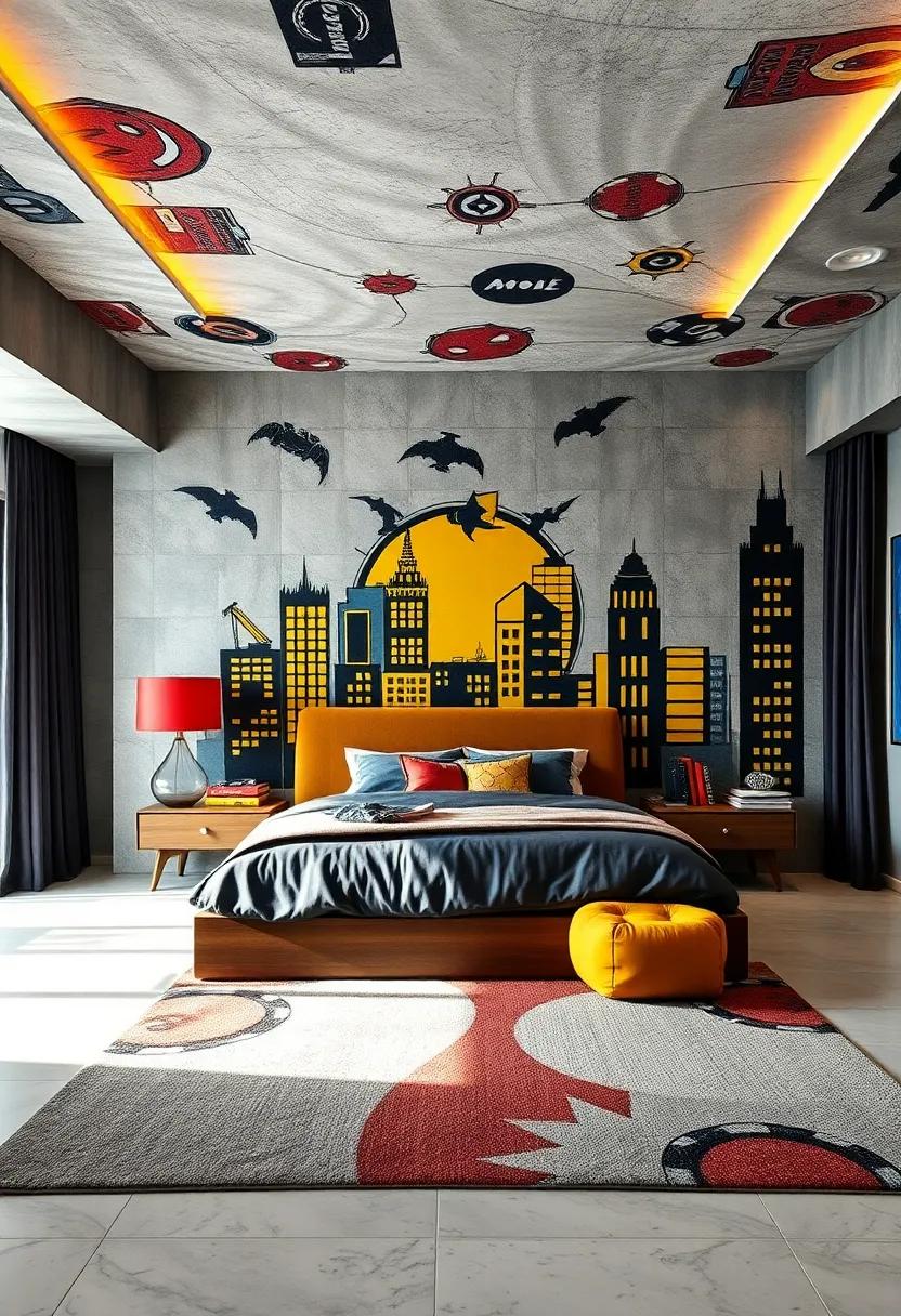 Creative Use of Ceiling and Floor Decorations Incorporating Skyscrapers and Cityscapes from Comic Book Worlds