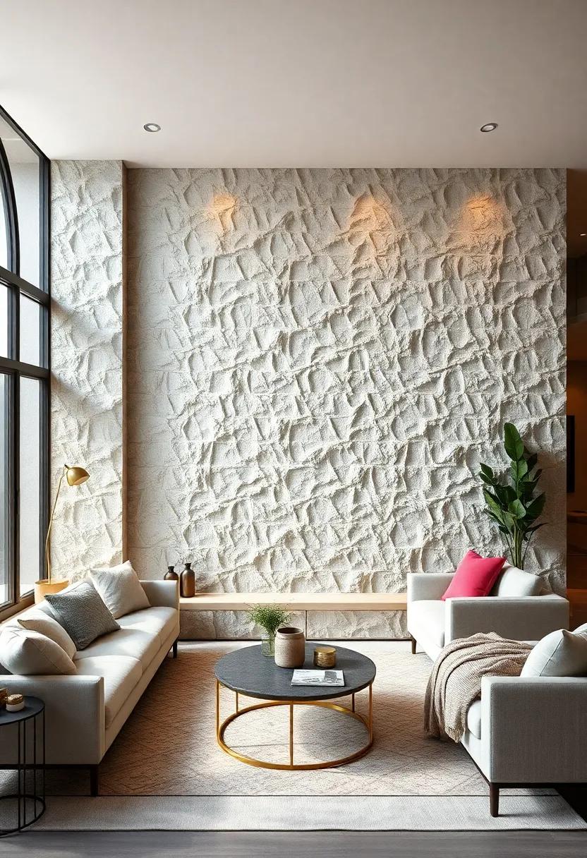 Curvilinear Stucco Patterns Enhancing Living Room Walls With A Subtle Mediterranean Touch