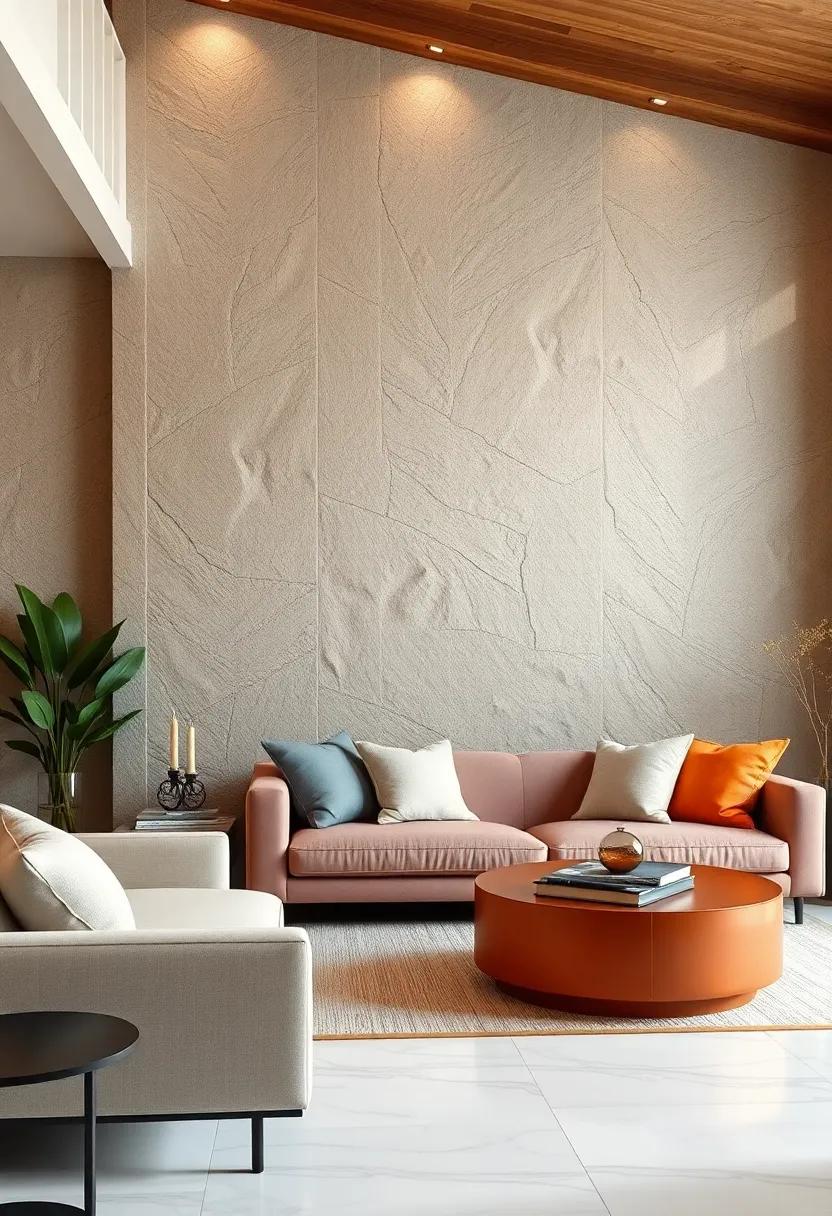 Bold Color Contrasts with Raised Textured Wall Elements for a Striking Visual Impact