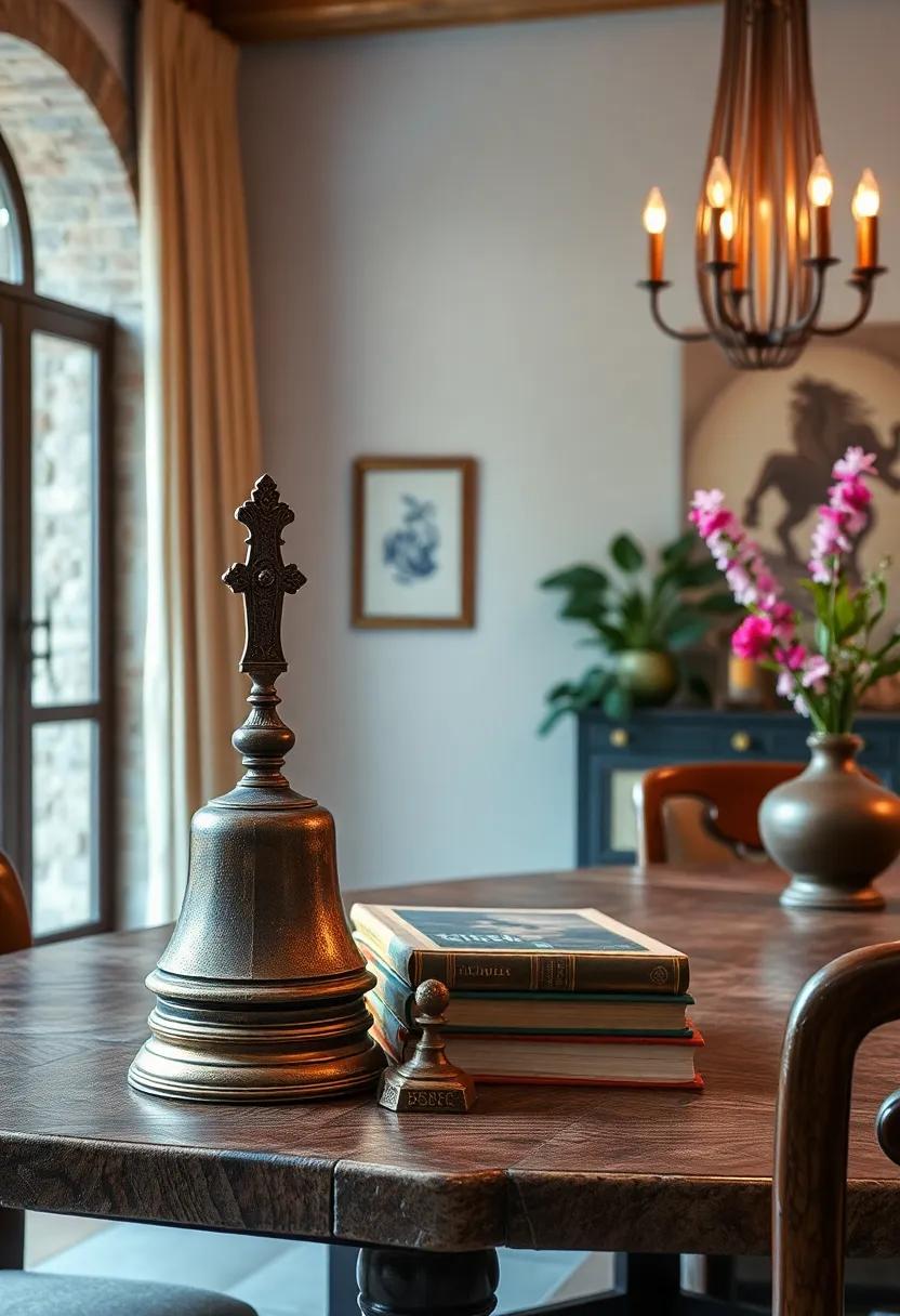 Classic Books and Antique Bells Sitting Next to a Traditional Dining Table Suggesting Heritage