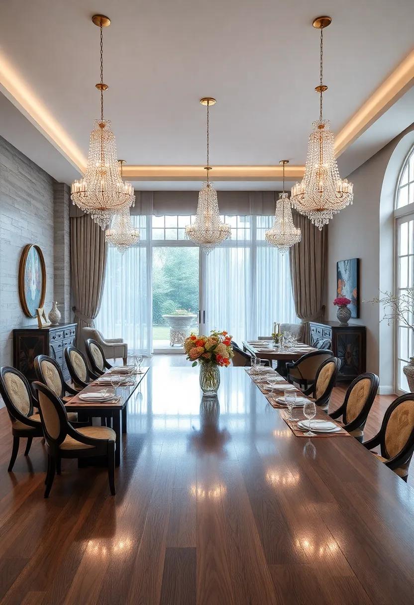 Crystal Chandeliers Reflecting Light Across Polished Wood and Intricate Table Settings