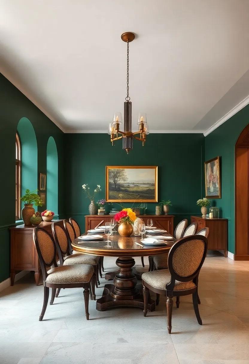 Deep Green Painted Walls with Gold Accents Complementing Antique Dining Furniture and Art