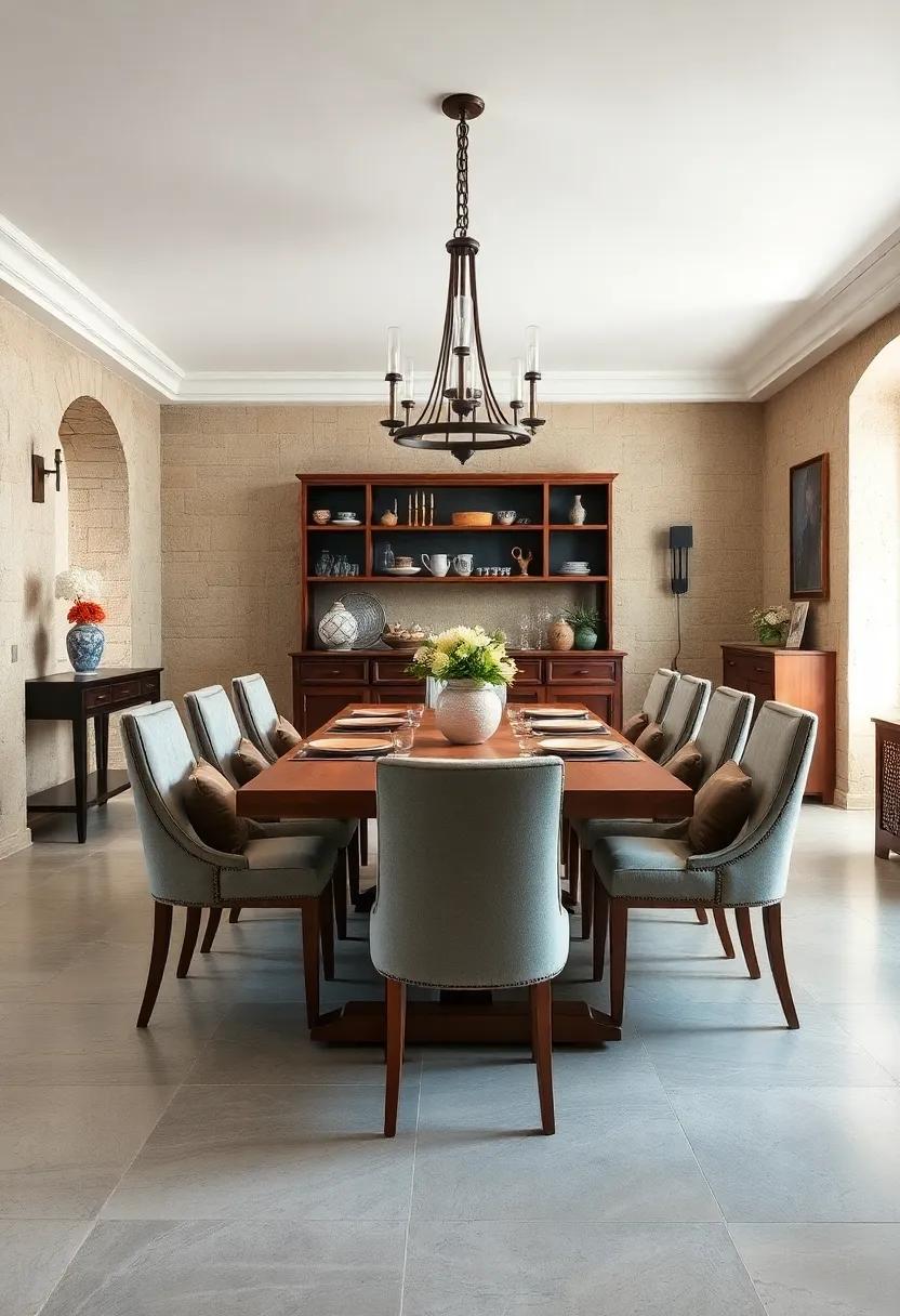 Elegant Wooden Dining Tables Bathed in Soft Natural Light with Classic Centerpieces and Plush Seating