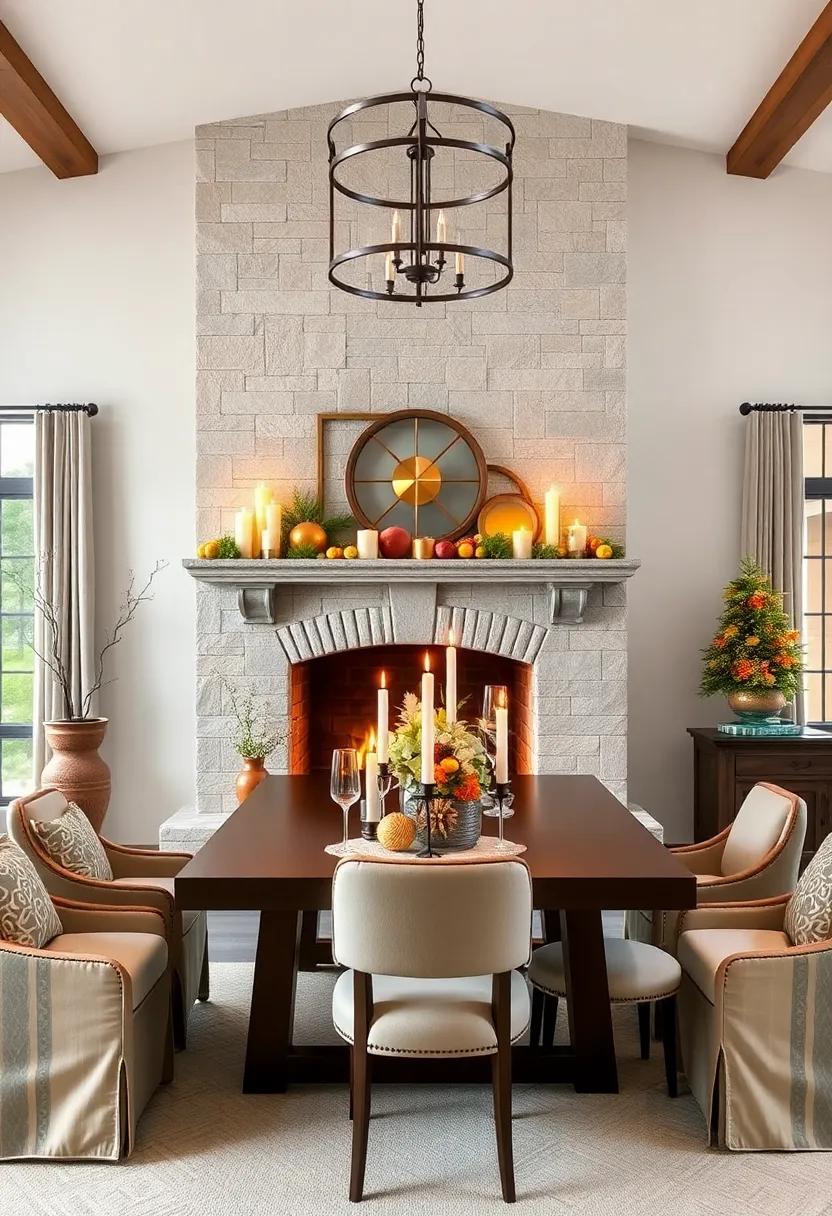 Grand Fireplace Mantel Decorated with Candles and Seasonal Accents in a Traditional Eating Room