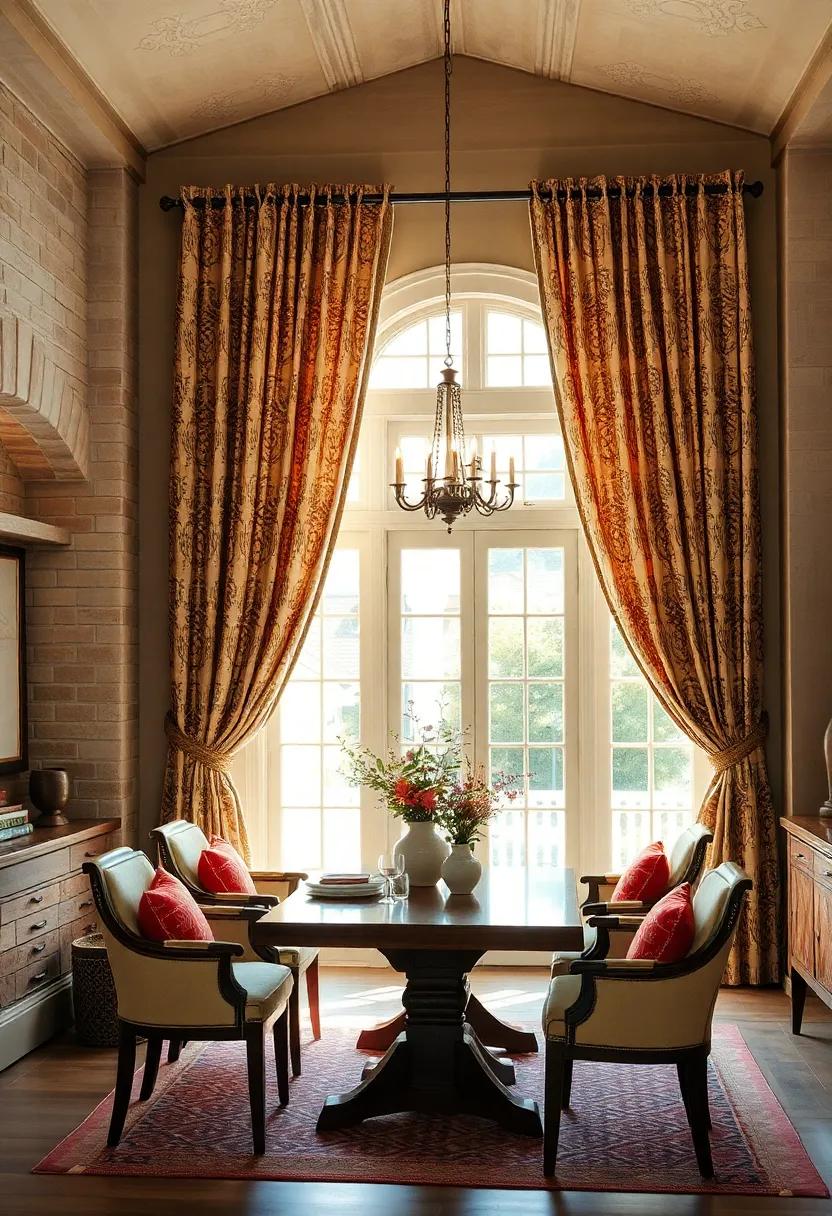 Heavy Patterned Draperies Draping Floor-to-Ceiling Windows in a Sunlit Vintage Dining Room