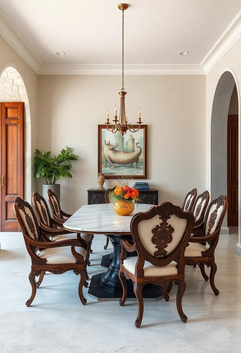 Intricately Carved Wooden Chairs Paired with a Marble-Topped Dining Table in a Historic Home