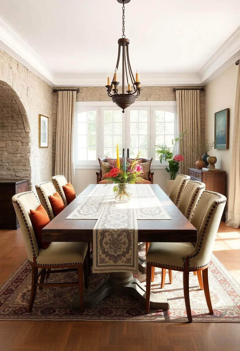 Linen Table Runners Embroidered with Classic Patterns Accentuating an Elegant Rustic Table