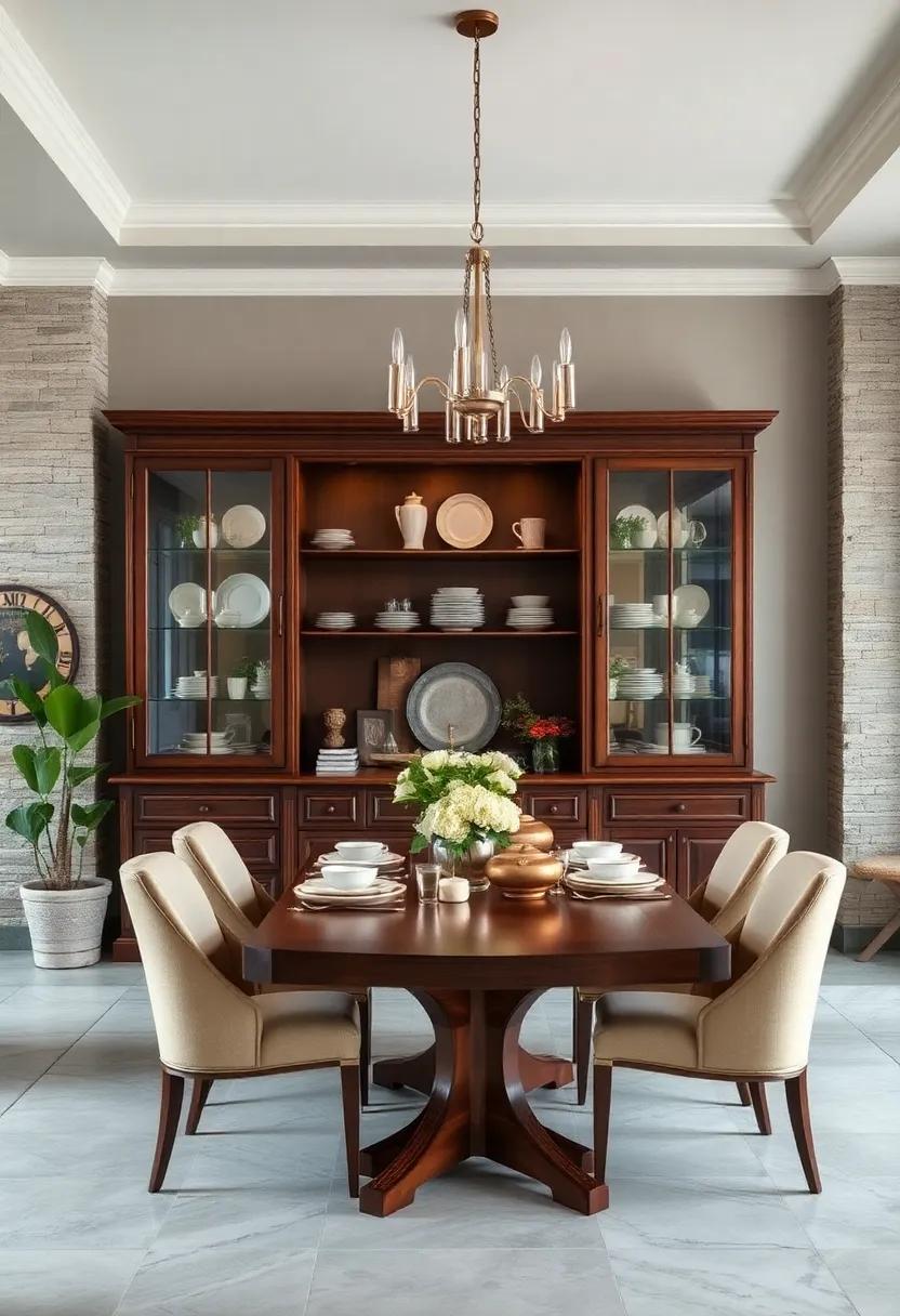Mahogany Buffet Cabinets Highlighting Glass Doors and Vintage Dinnerware Displays for Classic Appeal