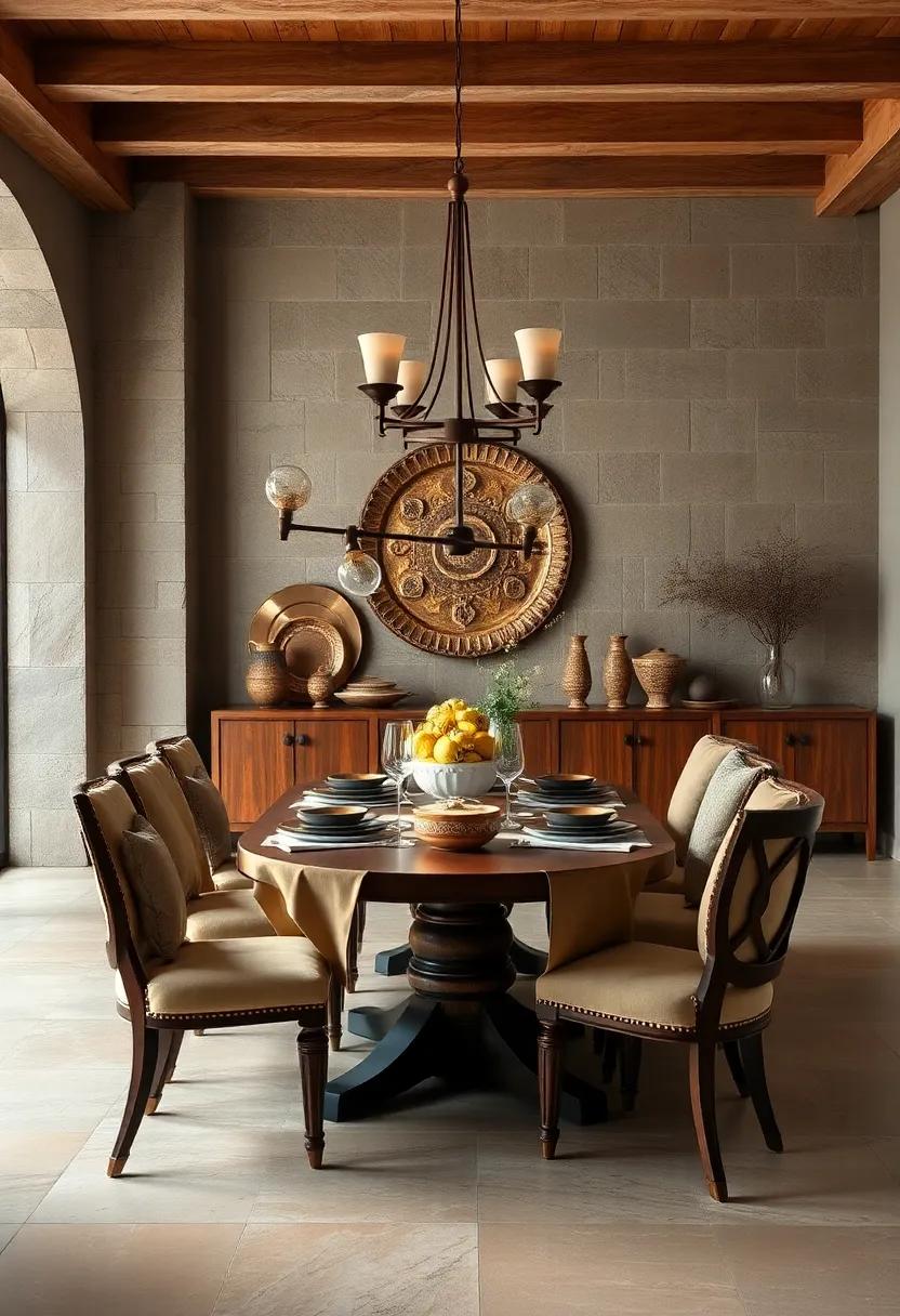 Muted Earth Tones in Linens and Finishes Harmonizing with Antique Decorative Plates and Bowls